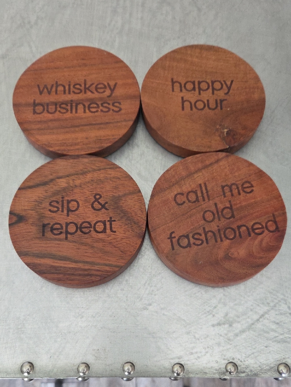 Set Of 4 Wooden Whiskey Coasters W/Built In Bottle Openers, Etched Sayings